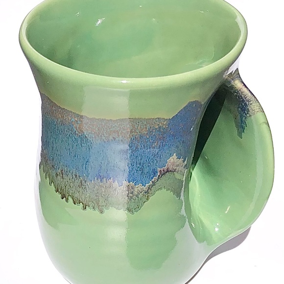 Left Handed Mug Neher Signed Pottery Green Blue Drip Glossy Glaze 2017 Tall Cup - Picture 10 of 15